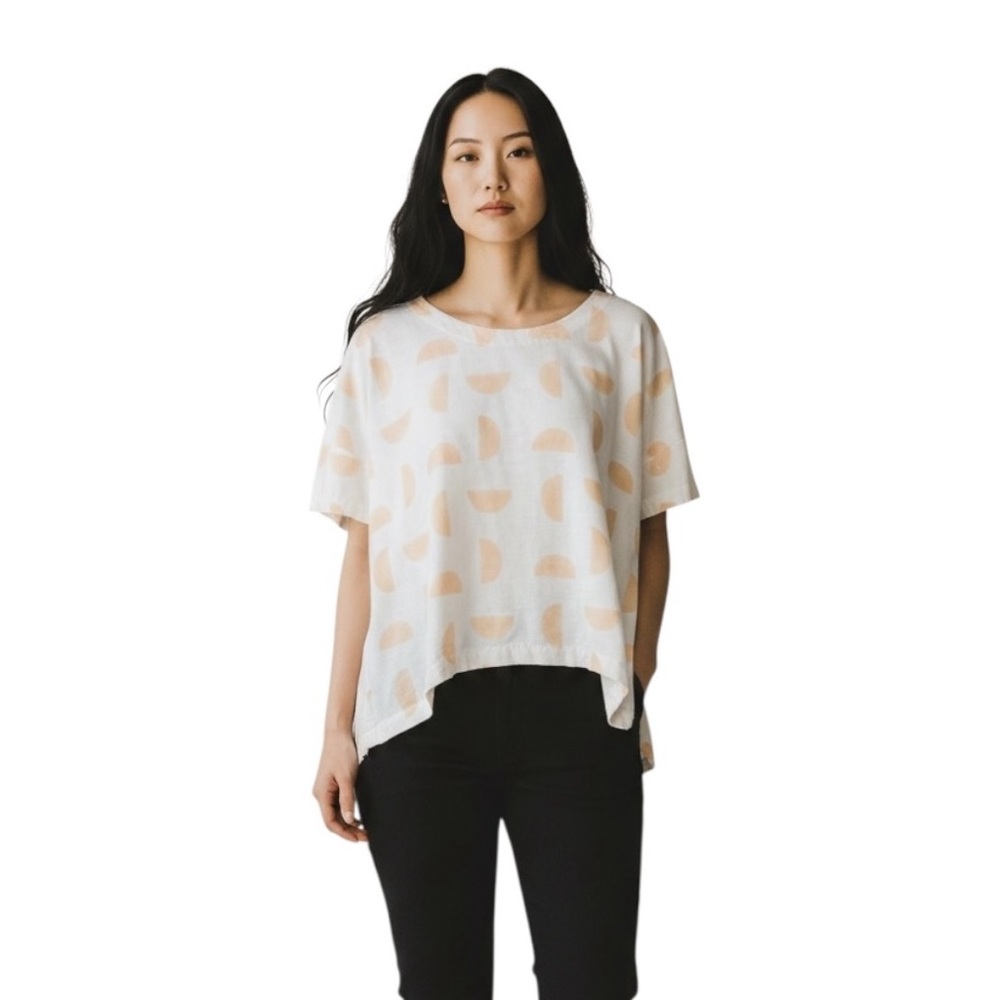 PO-EM Setting Sun Peach  Handwoven Cotton Hand Printed Minimalist Lagenlook Top